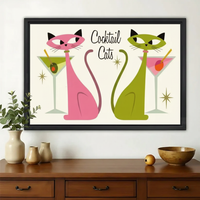 Cocktail Cats Wall Art – Retro Mid-Century Modern Cat Canvas Print on Natural Wood Frame