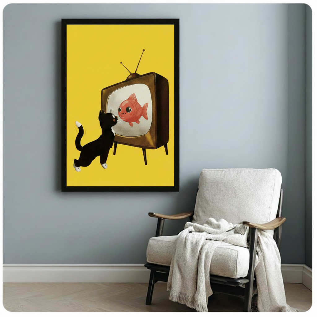 Cat Watching Fish Retro TV Canvas Wall Art