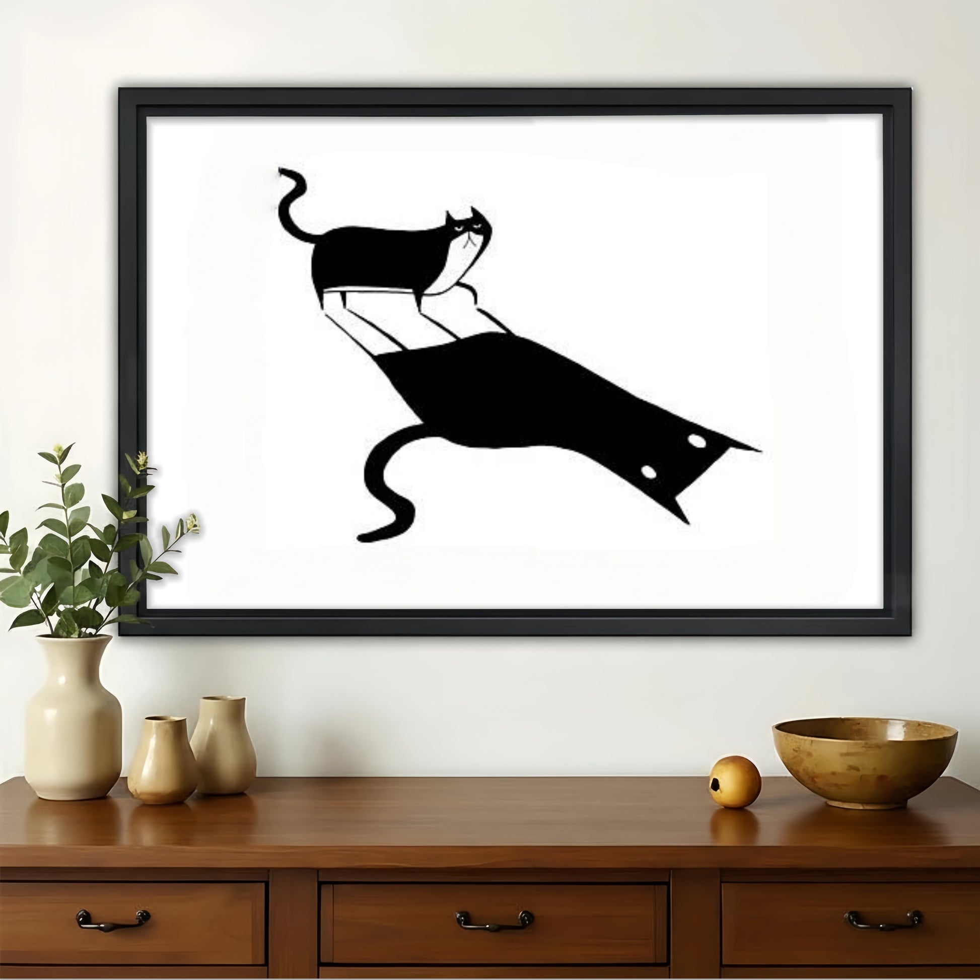 Cat Shadow Silhouette Wall Art - Playful Black and White Print