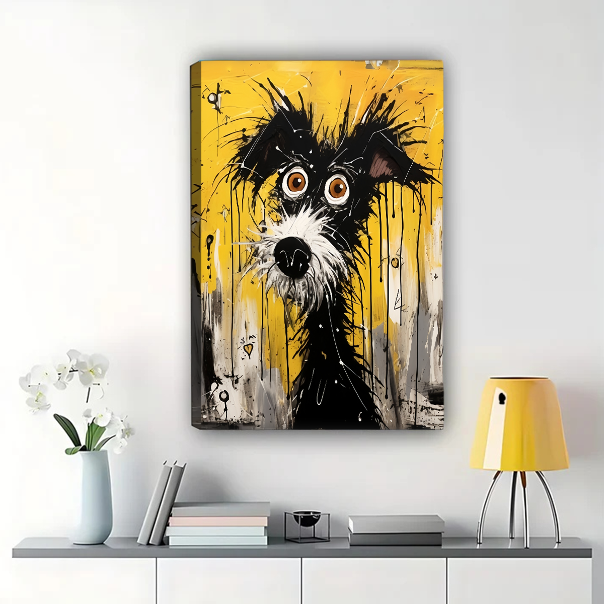 Scruffy Dog with Big Eyes - Abstract Yellow Canvas Wall Art