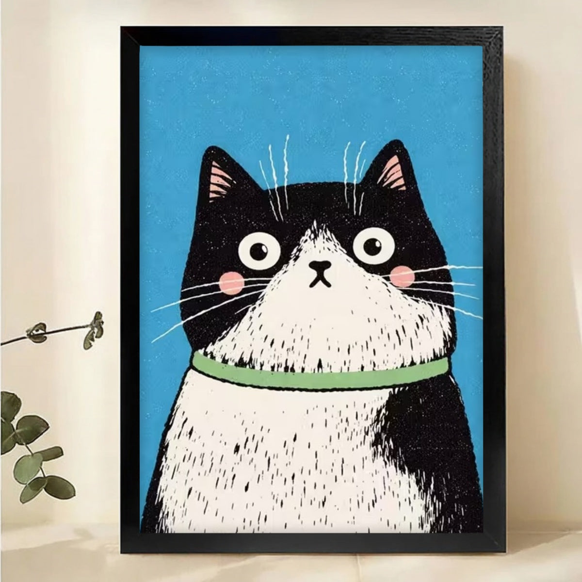 Surprised Tuxedo Cat Wall Art - Funny Wide-Eyed Cat Print