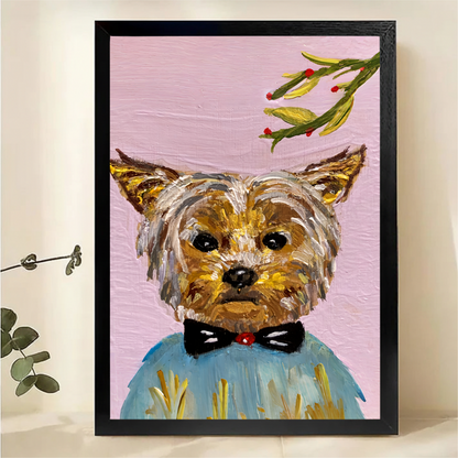 Yorkshire Terrier in Blue Sweater with Mistletoe Wall Art - Textured Oil Painting Canvas Print