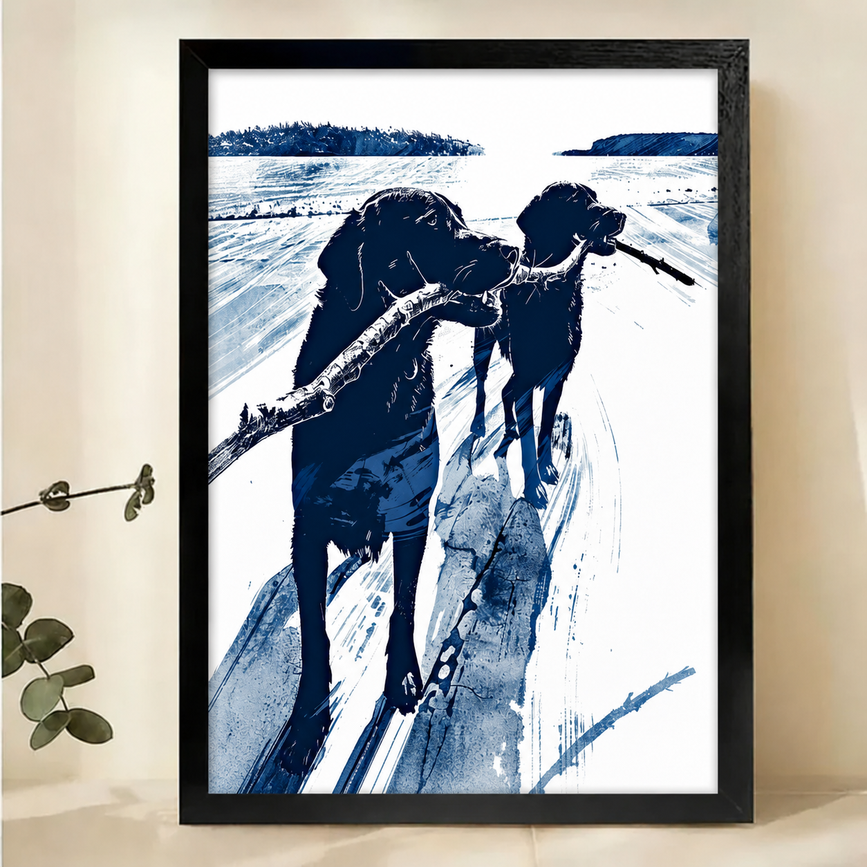 Two Labradors Sharing a Stick on the Beach Wall Art – Bold Indigo Graphic Canvas Print on Natural Wood Frame