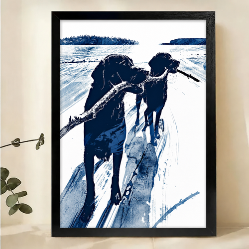 Two Labradors Sharing a Stick on the Beach Wall Art – Bold Indigo Graphic Canvas Print on Natural Wood Frame