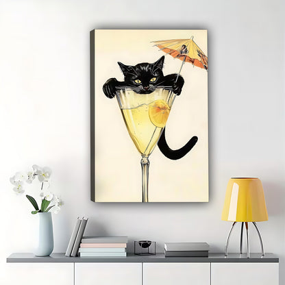 Whimsical Black Cat in Martini Glass Art Print – Funny Cat Wall Decor for Kitchen Bar Canvas Wall Art