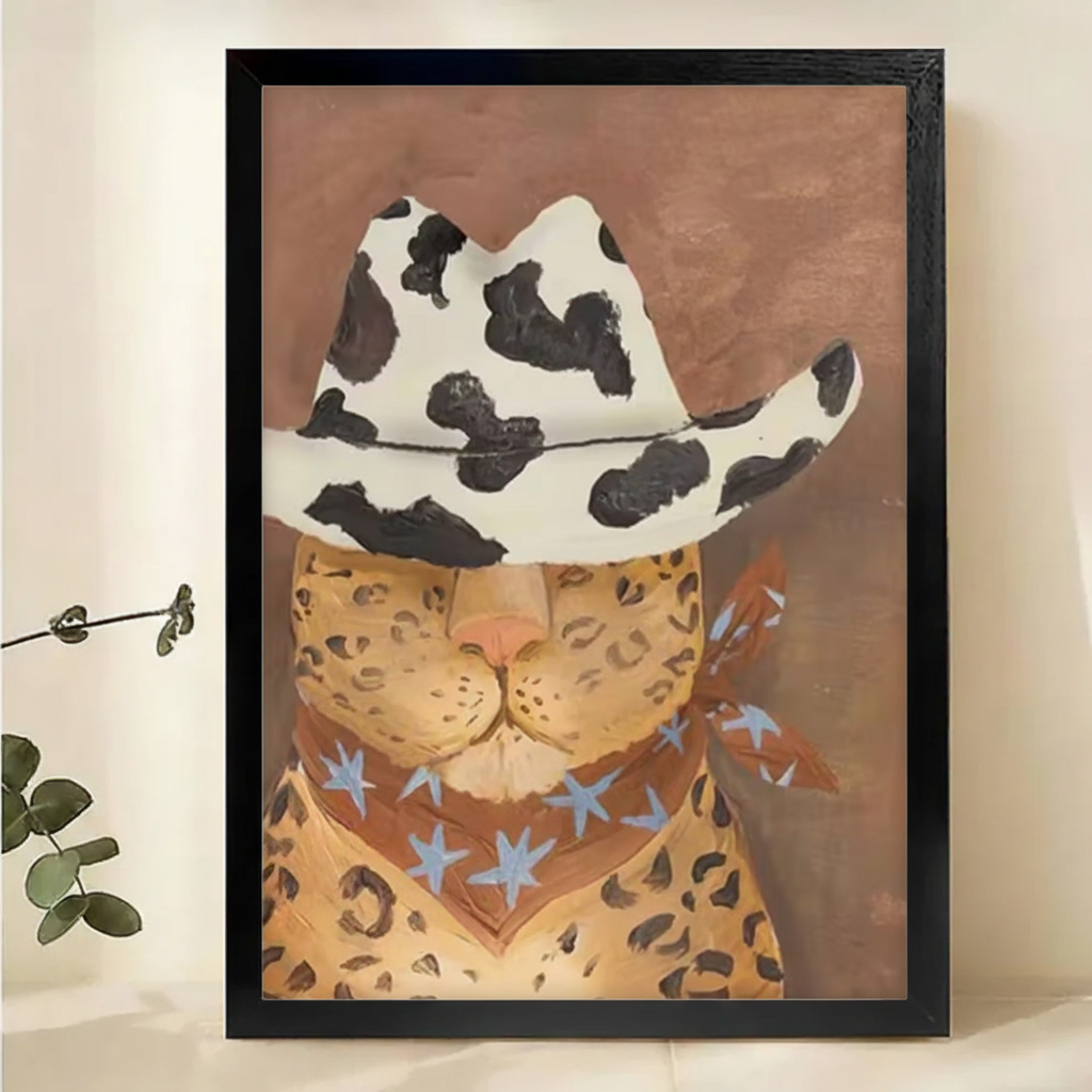 Leopard Cat in Cowhide Cowboy Hat Wall Art – Wild West Animal Portrait Canvas Print on Natural Wood Frame