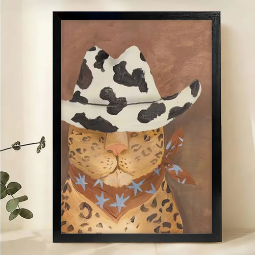 Leopard Cat in Cowhide Cowboy Hat Wall Art – Wild West Animal Portrait Canvas Print on Natural Wood Frame