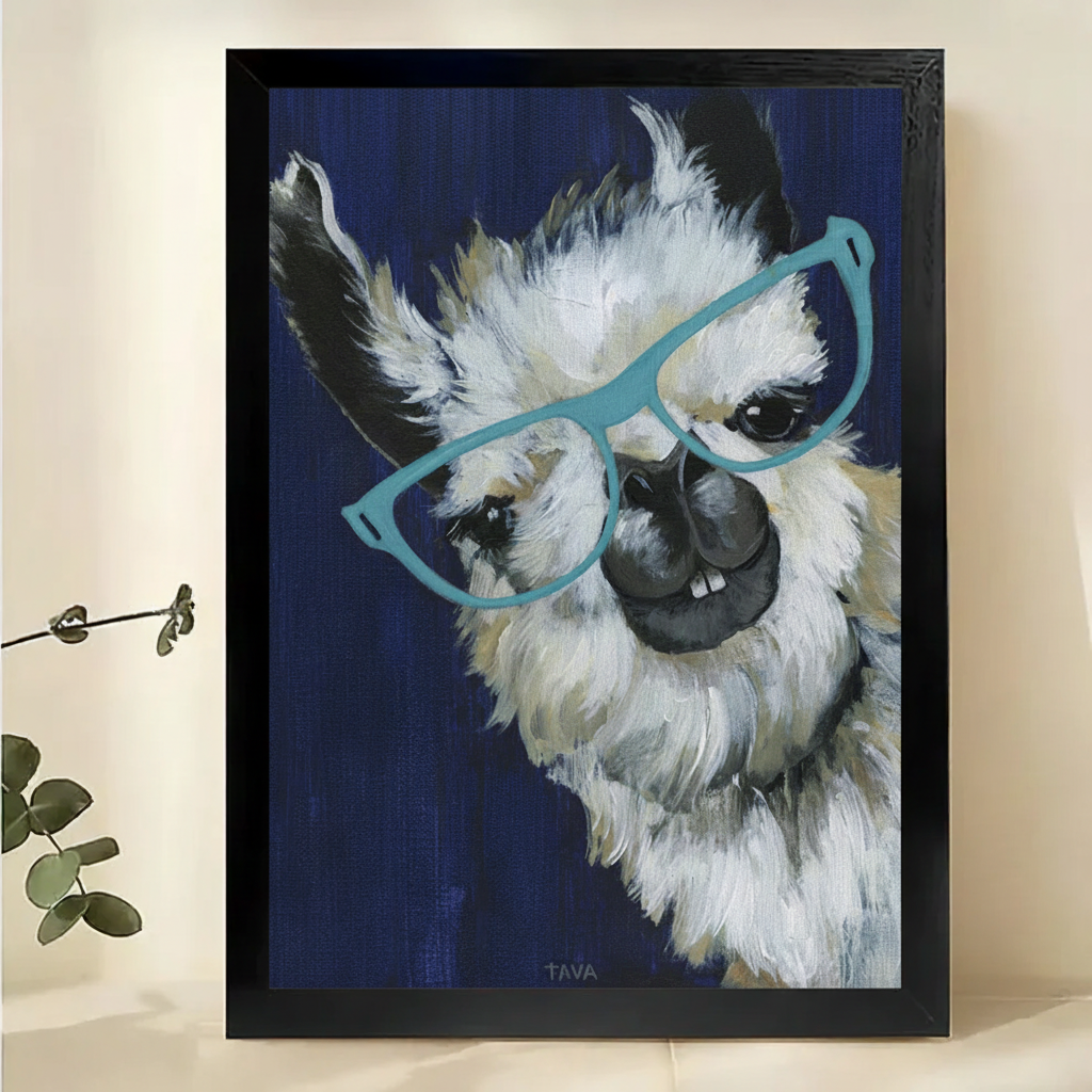 Intellectual Llama with Teal Glasses Wall Art – Whimsical Animal Portrait Canvas Print on Natural Wood Frame