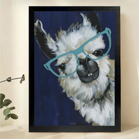 Intellectual Llama with Teal Glasses Wall Art – Whimsical Animal Portrait Canvas Print on Natural Wood Frame