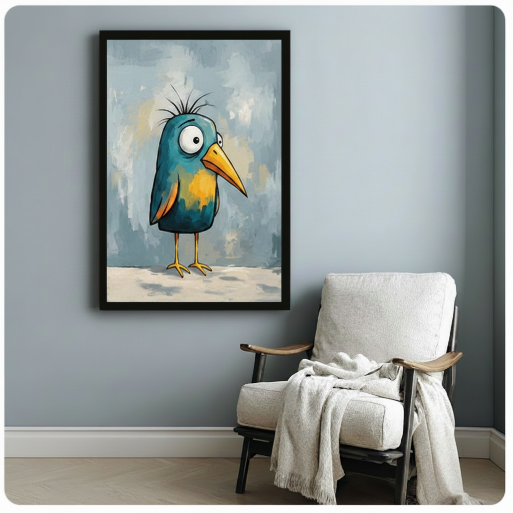 Quirky Blue Bird Whimsical Canvas Wall Art