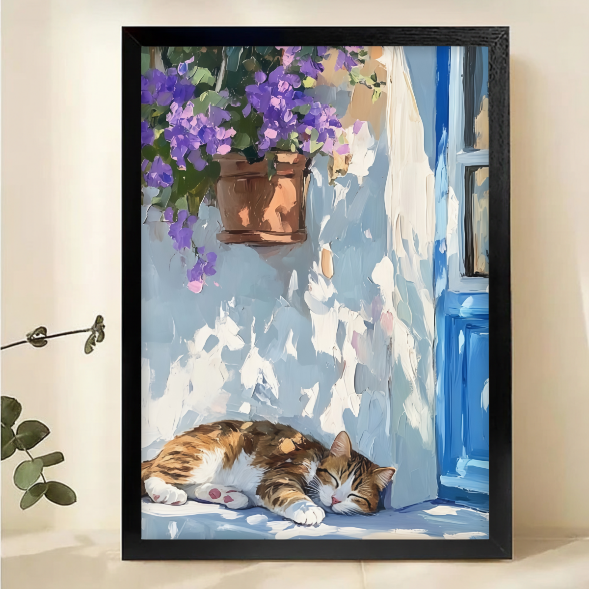 Sleeping Cat with Purple Flowers Canvas Wall Art - Mediterranean Blue Door Print