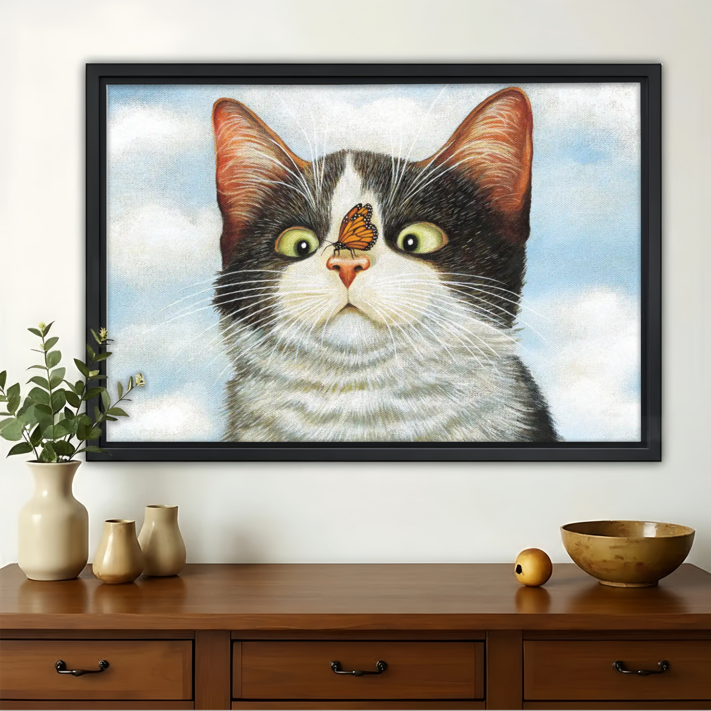 Cat with Butterfly on Nose Wall Art - Whimsical Pet Canvas Print
