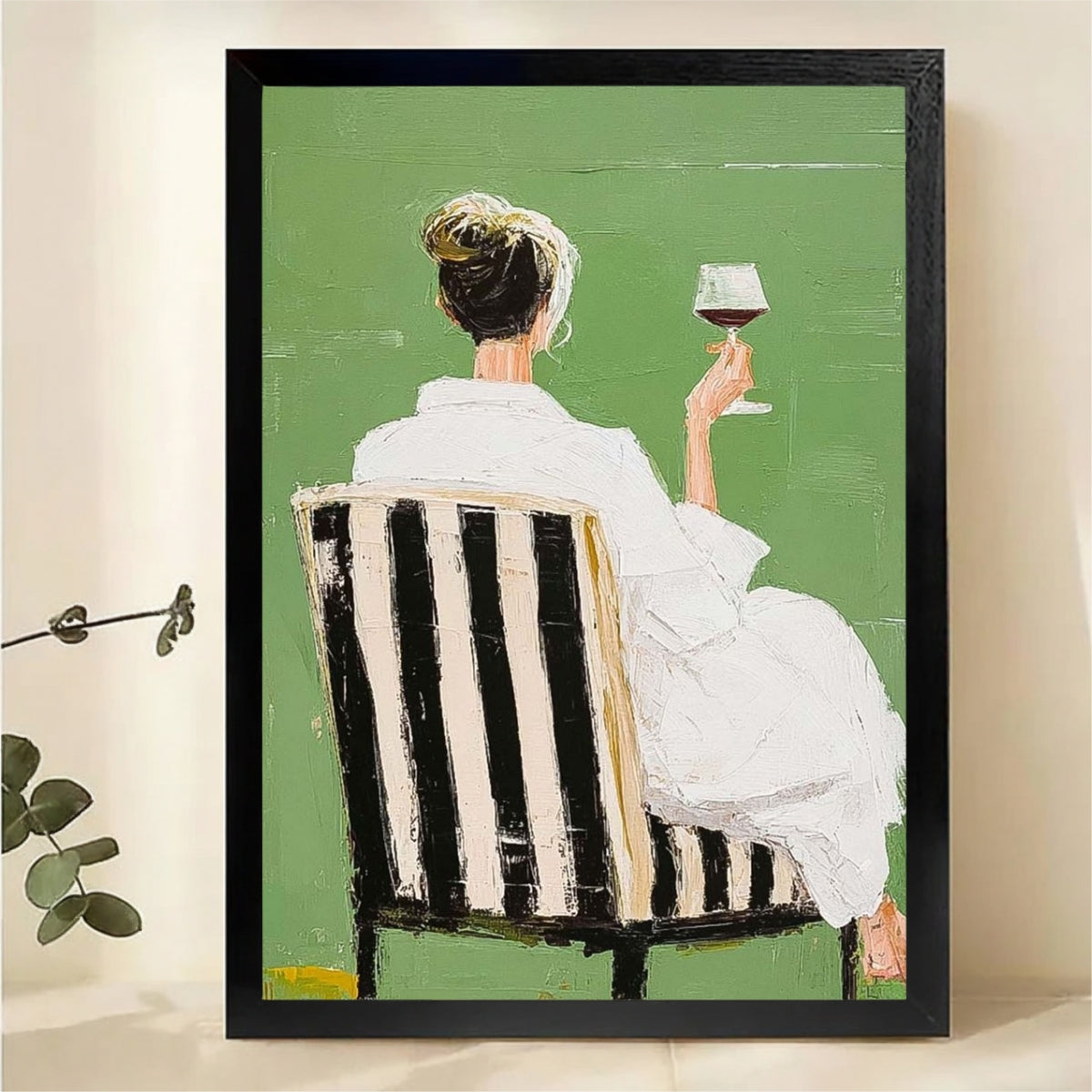 Woman with Wine Wall Art - Elegant Green Textured Print