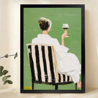 Woman with Wine Wall Art - Elegant Green Textured Print