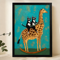 Two Tuxedo Cats Riding a Giraffe Wall Art – Whimsical Naive Art Canvas Print on Natural Wood Frame