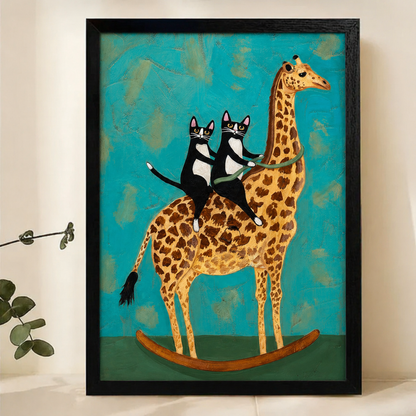 Two Tuxedo Cats Riding a Giraffe Wall Art – Whimsical Naive Art Canvas Print on Natural Wood Frame