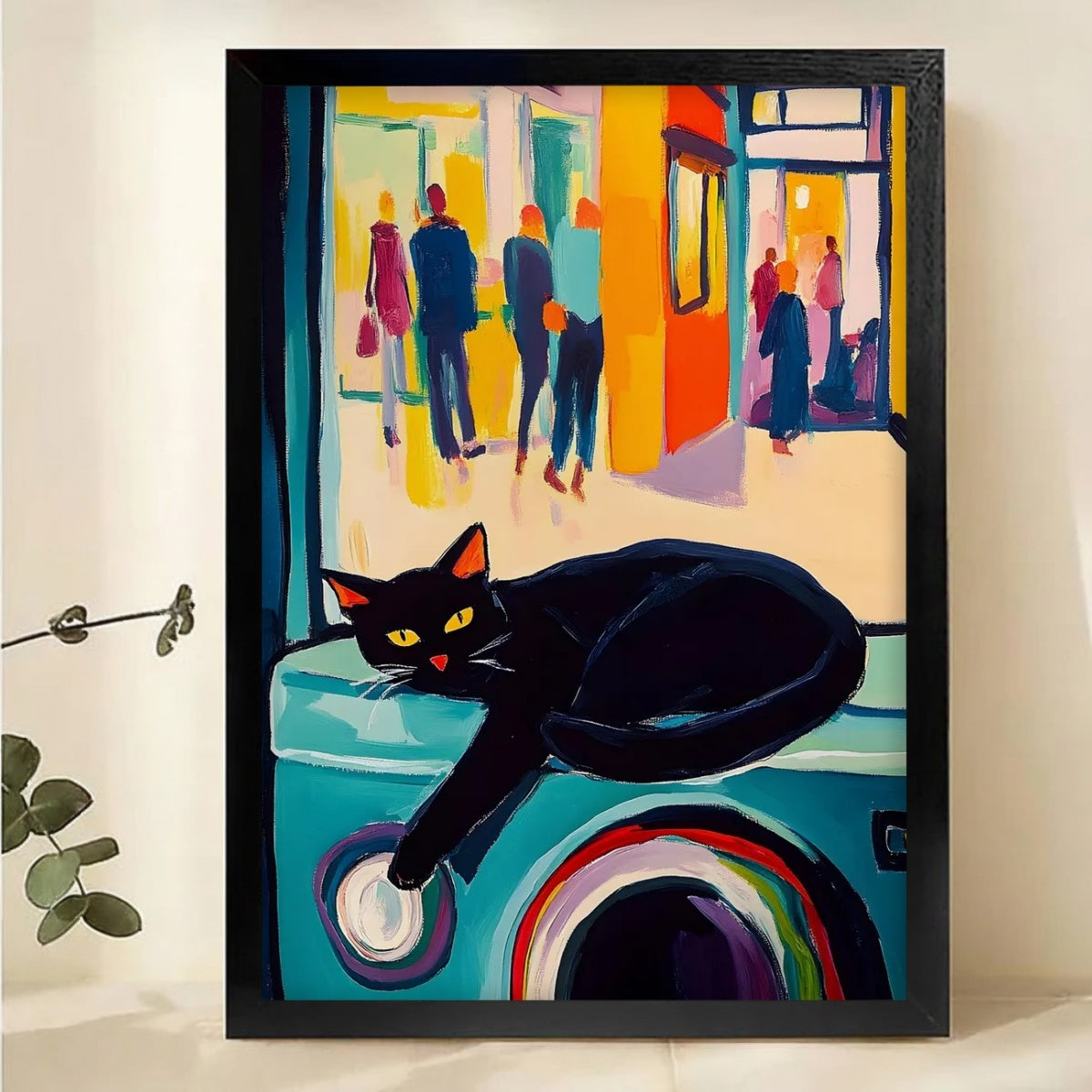 Black Cat on Windowsill Art Print - Urban Street Scene Wall Art