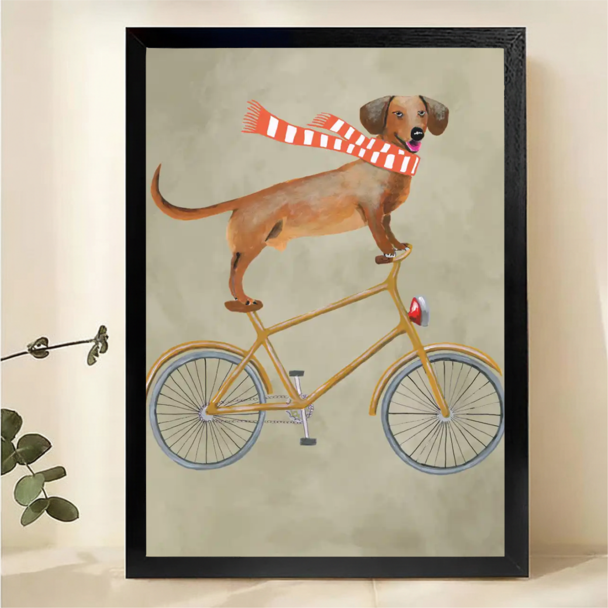 Dog Riding Bicycle Wall Art - Whimsical Dachshund Canvas Print