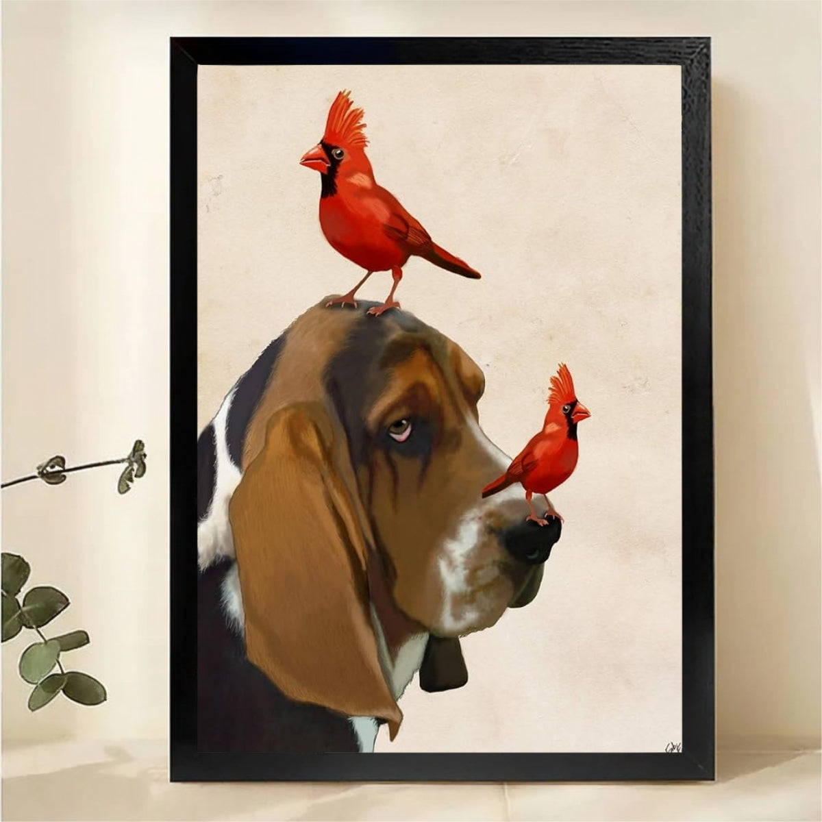 Basset Hound with Two Red Cardinals Wall Art - Funny Realistic Canvas Print