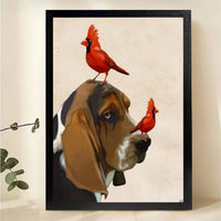 Basset Hound with Two Red Cardinals Wall Art - Funny Realistic Canvas Print
