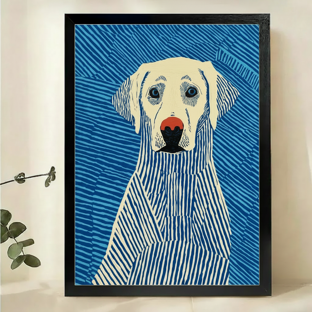 Labrador Dog Blue Stripe Wall Art – Bold Graphic Dog Canvas Print on Natural Wood Frame