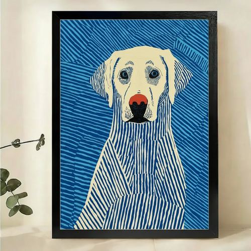 Labrador Dog Blue Stripe Wall Art – Bold Graphic Dog Canvas Print on Natural Wood Frame