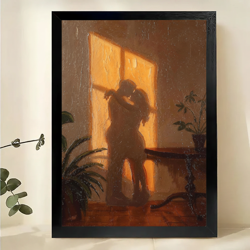 Lovers Embracing by the Rain Window Wall Art – Romantic Dark Oil Painting Canvas Print on Natural Wood Frame