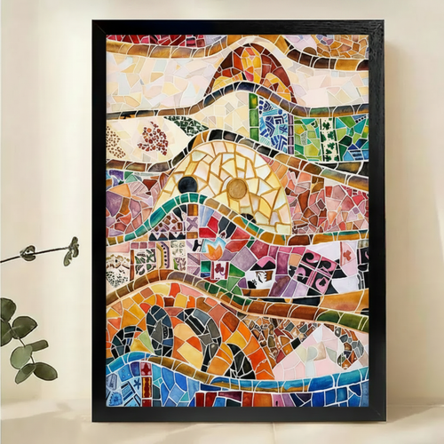 Mosaic Fox Portrait Wall Art – Gaudí-Inspired Trencadís Canvas Print on Natural Wood Frame