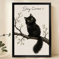 Stay Curious Black Kitten on Branch Wall Art – Cute Illustrated Quote Canvas Print on Natural Wood Frame