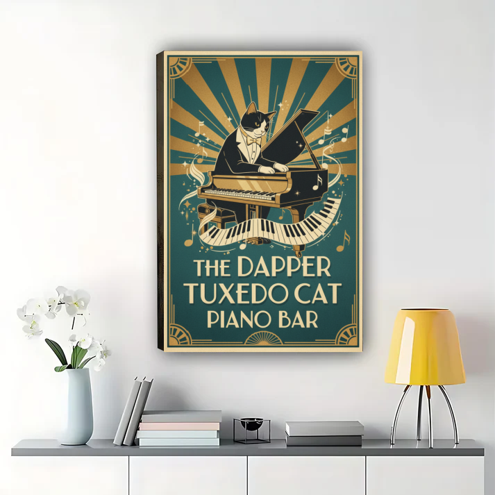 Dapper Tuxedo Cat Piano Bar Poster - Vintage Jazz Wall Art