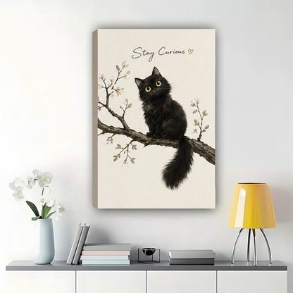 Stay Curious Black Kitten on Branch Wall Art – Cute Illustrated Quote Canvas Print on Natural Wood Frame