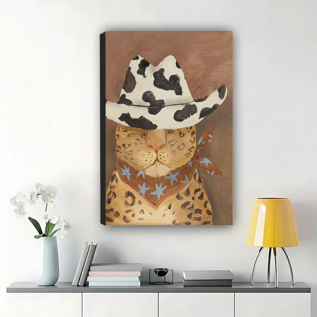 Leopard Cat in Cowhide Cowboy Hat Wall Art – Wild West Animal Portrait Canvas Print on Natural Wood Frame