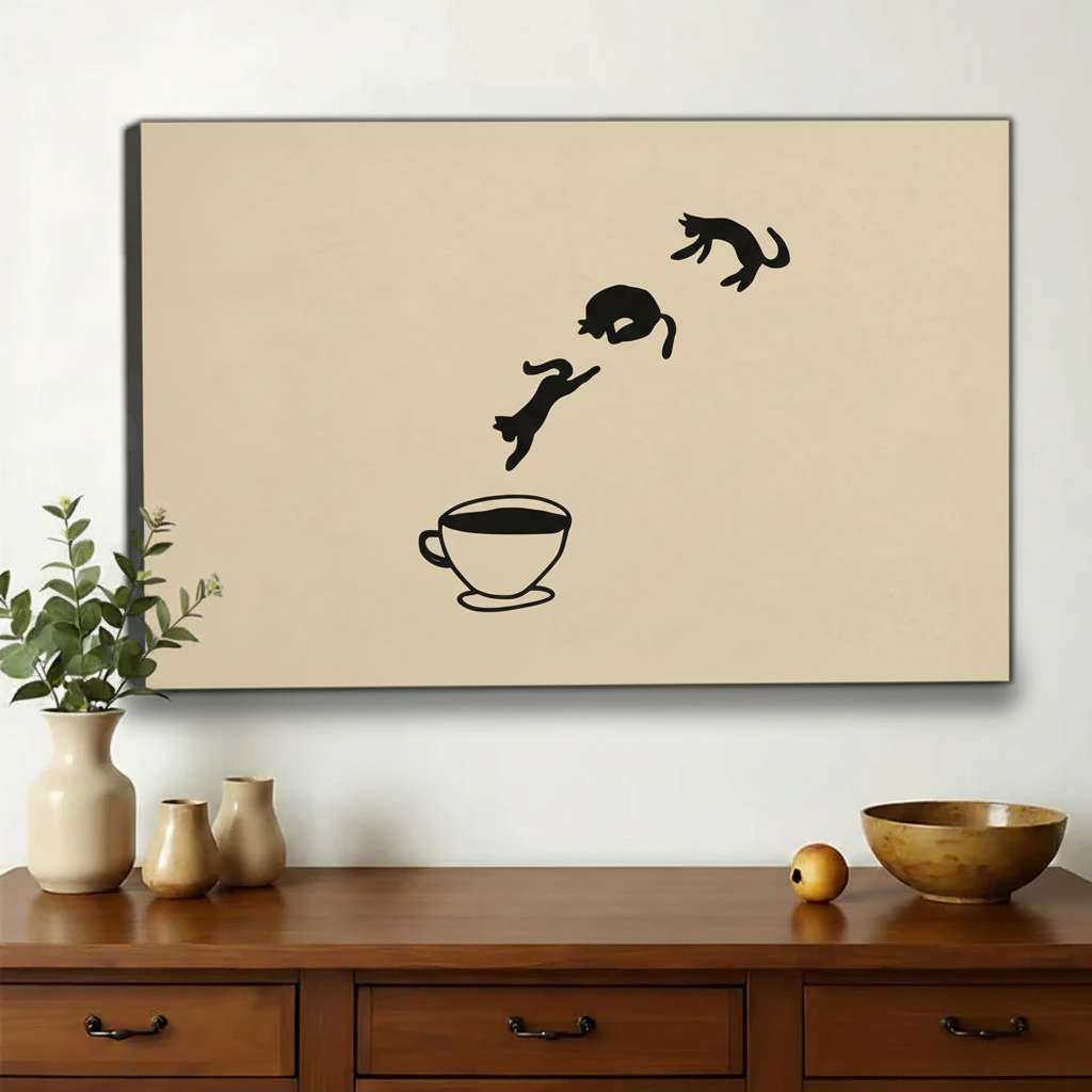 Cats Jumping into Coffee Cup Wall Art – Cute Minimalist Cat Canvas Print on Natural Wood Frame