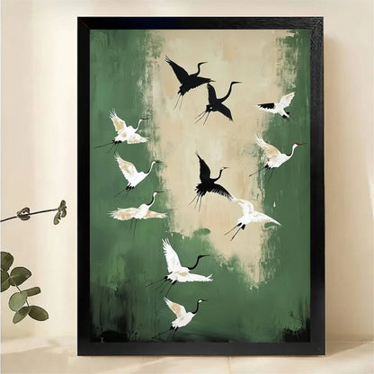 Flying Cranes on Green Wall Art - Elegant Bird Canvas Print