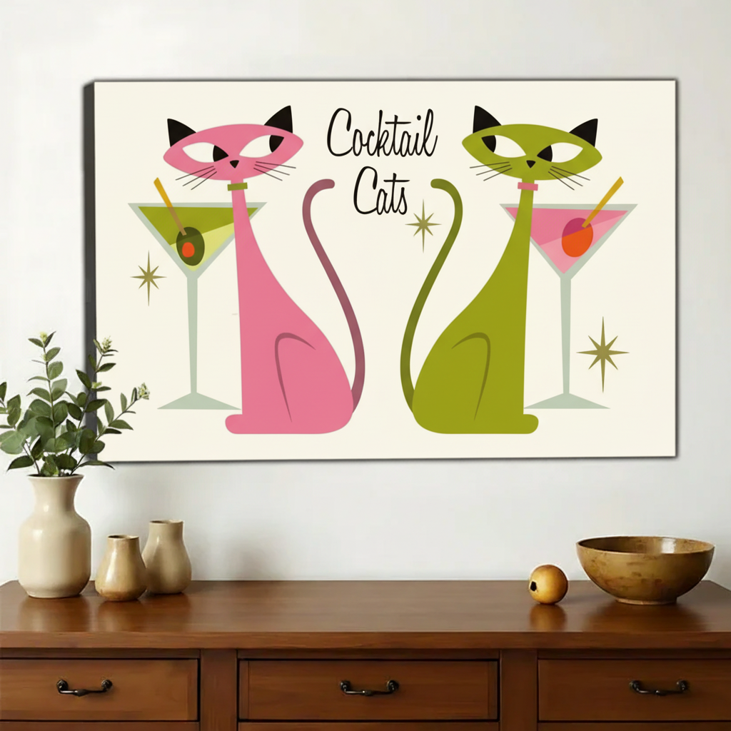 Cocktail Cats Wall Art – Retro Mid-Century Modern Cat Canvas Print on Natural Wood Frame