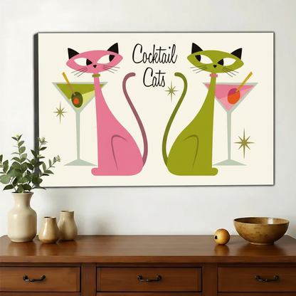 Cocktail Cats Wall Art – Retro Mid-Century Modern Cat Canvas Print on Natural Wood Frame