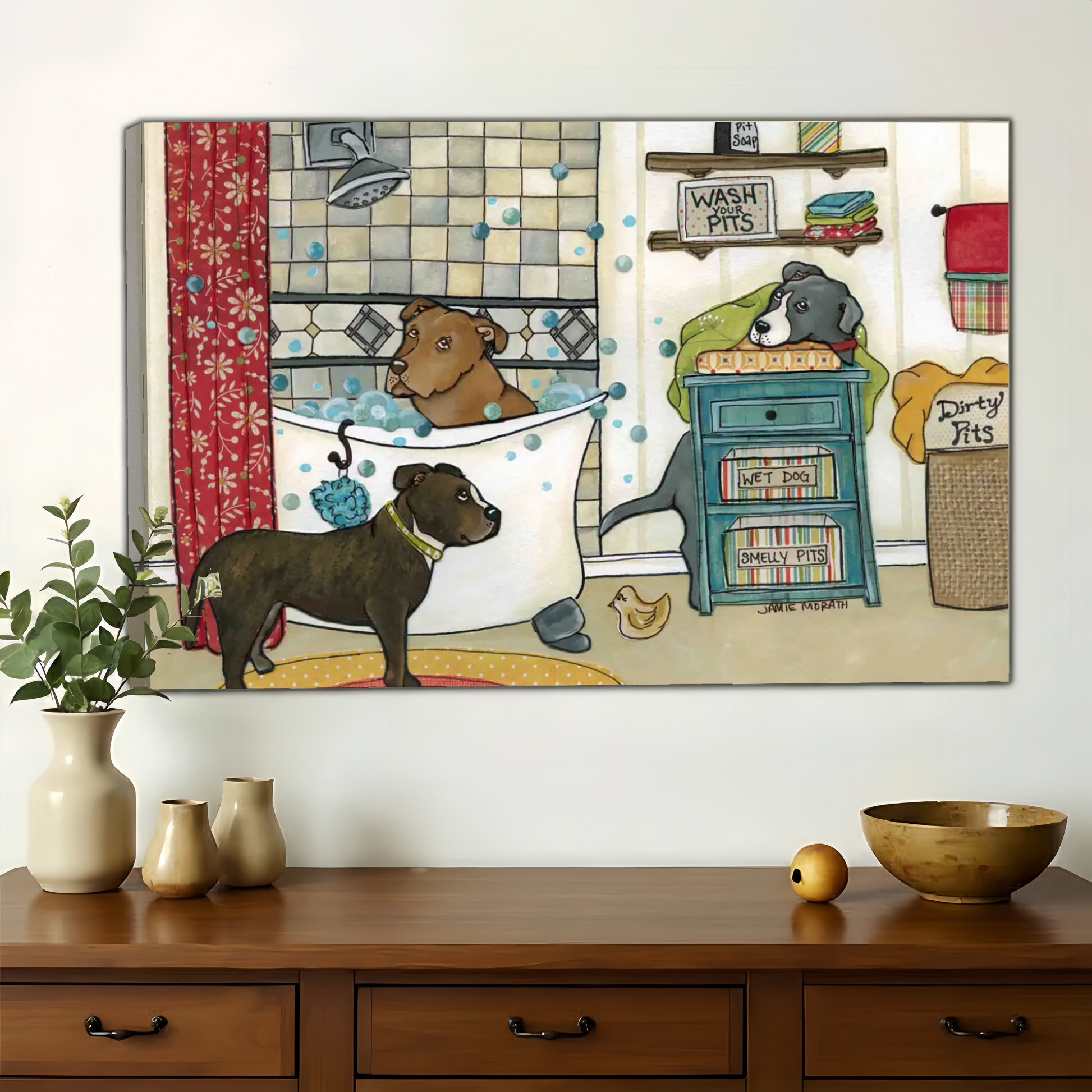 Wash Your Pits Pitbull Bathroom Wall Art - Funny Dog Canvas Print