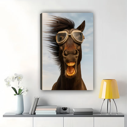 Pilot Horse – Whimsical Vintage Wall Art on Natural Wood Canvas