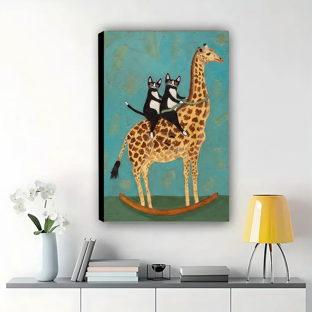 Two Tuxedo Cats Riding a Giraffe Wall Art – Whimsical Naive Art Canvas Print on Natural Wood Frame