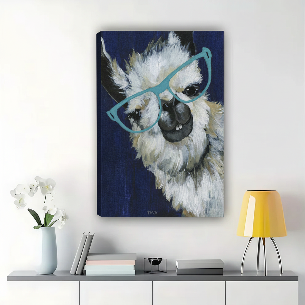 Intellectual Llama with Teal Glasses Wall Art – Whimsical Animal Portrait Canvas Print on Natural Wood Frame