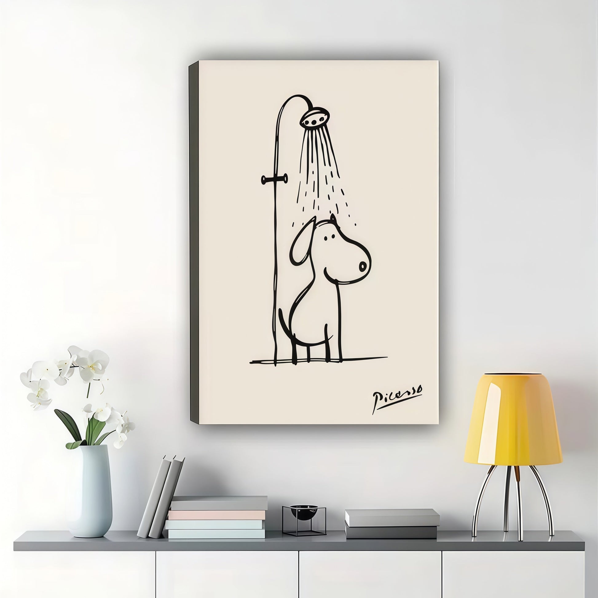 Picasso Showering Dog – Minimalist Bathroom Line Art Wall Art on Natural Wood Canvas