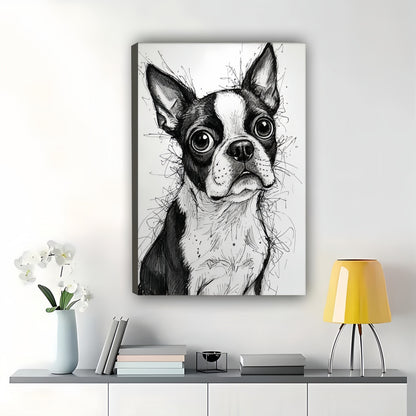 Sketch-Style Big-Eyed Boston Terrier – Whimsical Black & White Line Art Wall Art on Natural Wood Canvas