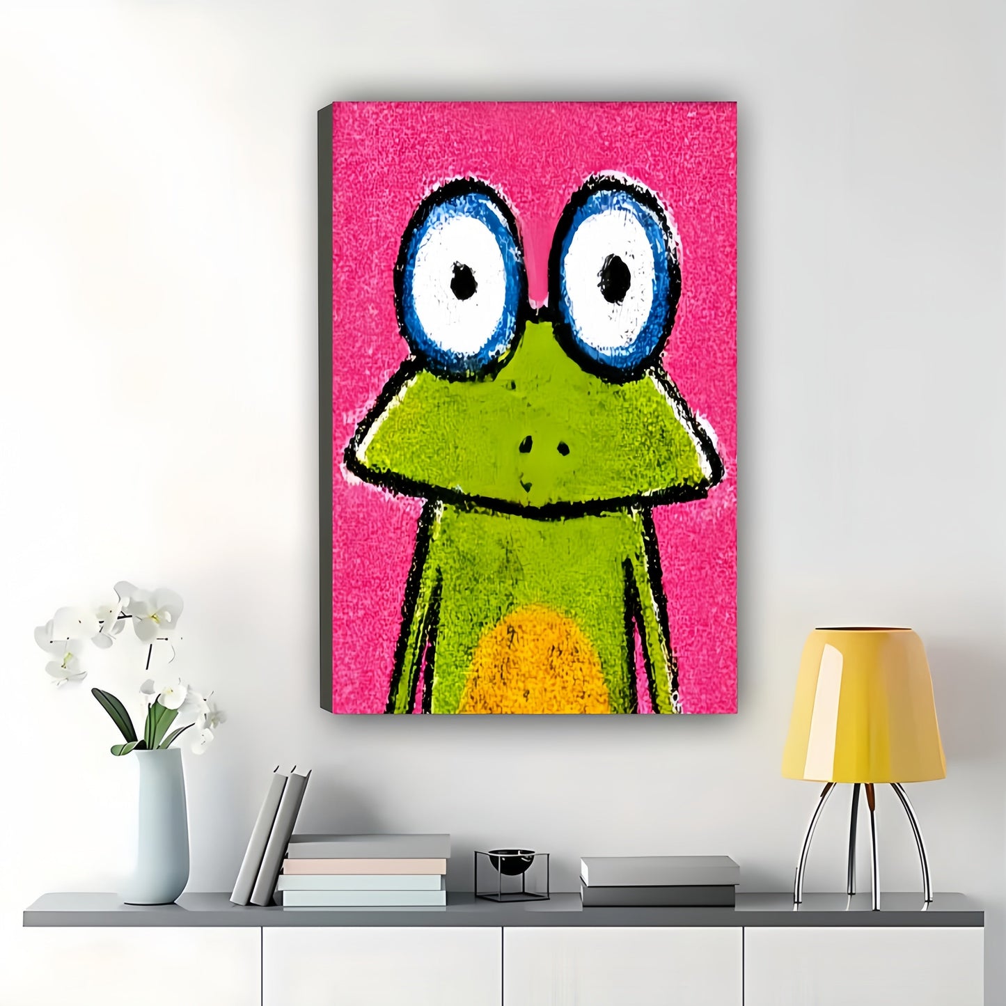 Mini Cartoon Frog in Tiny Gold Frame – Playful Compact Wall Art on Natural Wood Canvas