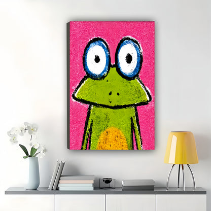 Mini Cartoon Frog in Tiny Gold Frame – Playful Compact Wall Art on Natural Wood Canvas