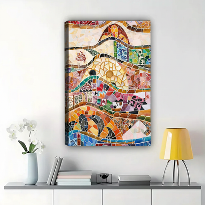 Mosaic Fox Portrait Wall Art – Gaudí-Inspired Trencadís Canvas Print on Natural Wood Frame