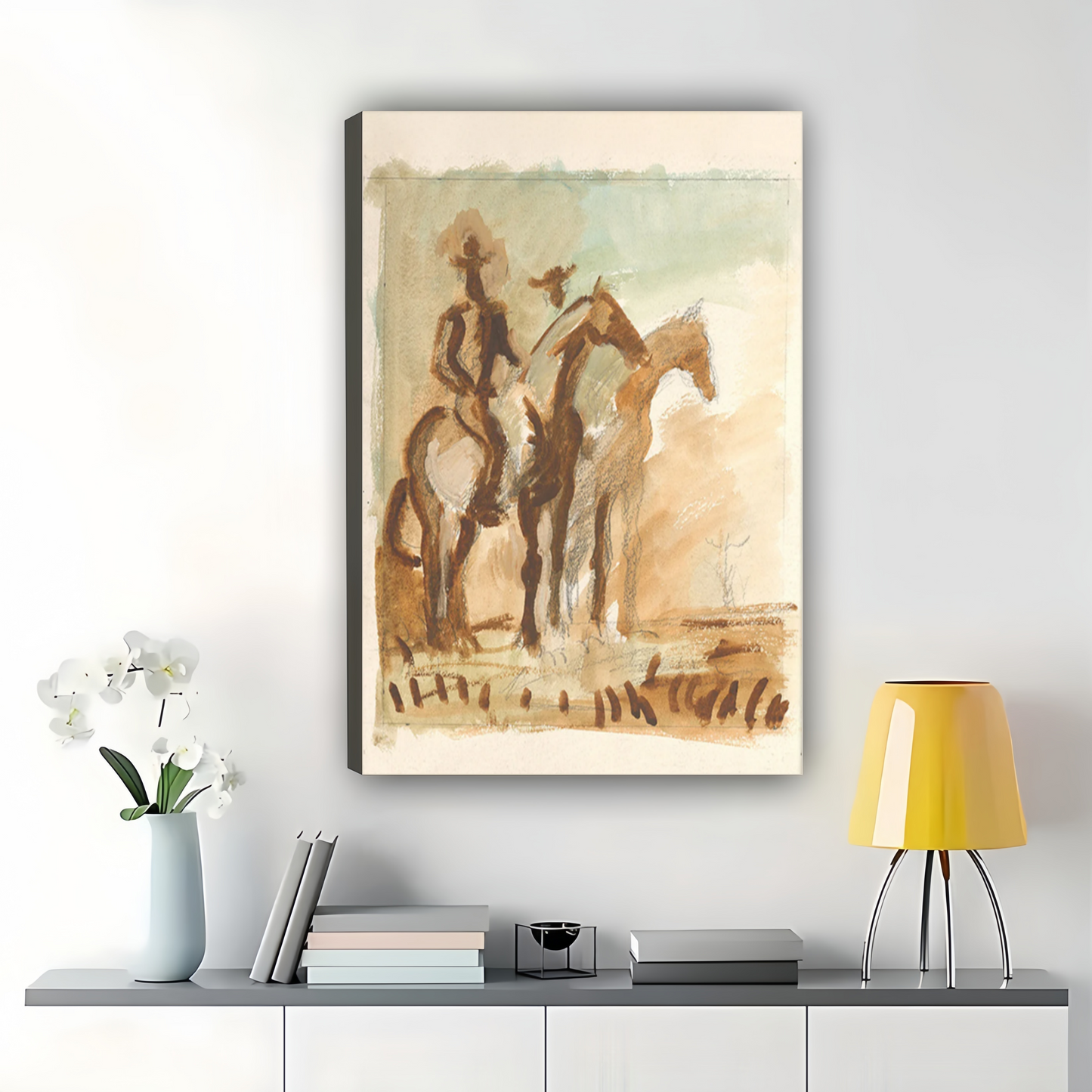 Western Riders – Vintage Rustic Cowboy Sketch Wall Art on Natural Wood Canvas