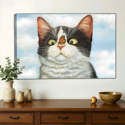 Cat with Butterfly on Nose Wall Art - Whimsical Pet Canvas Print