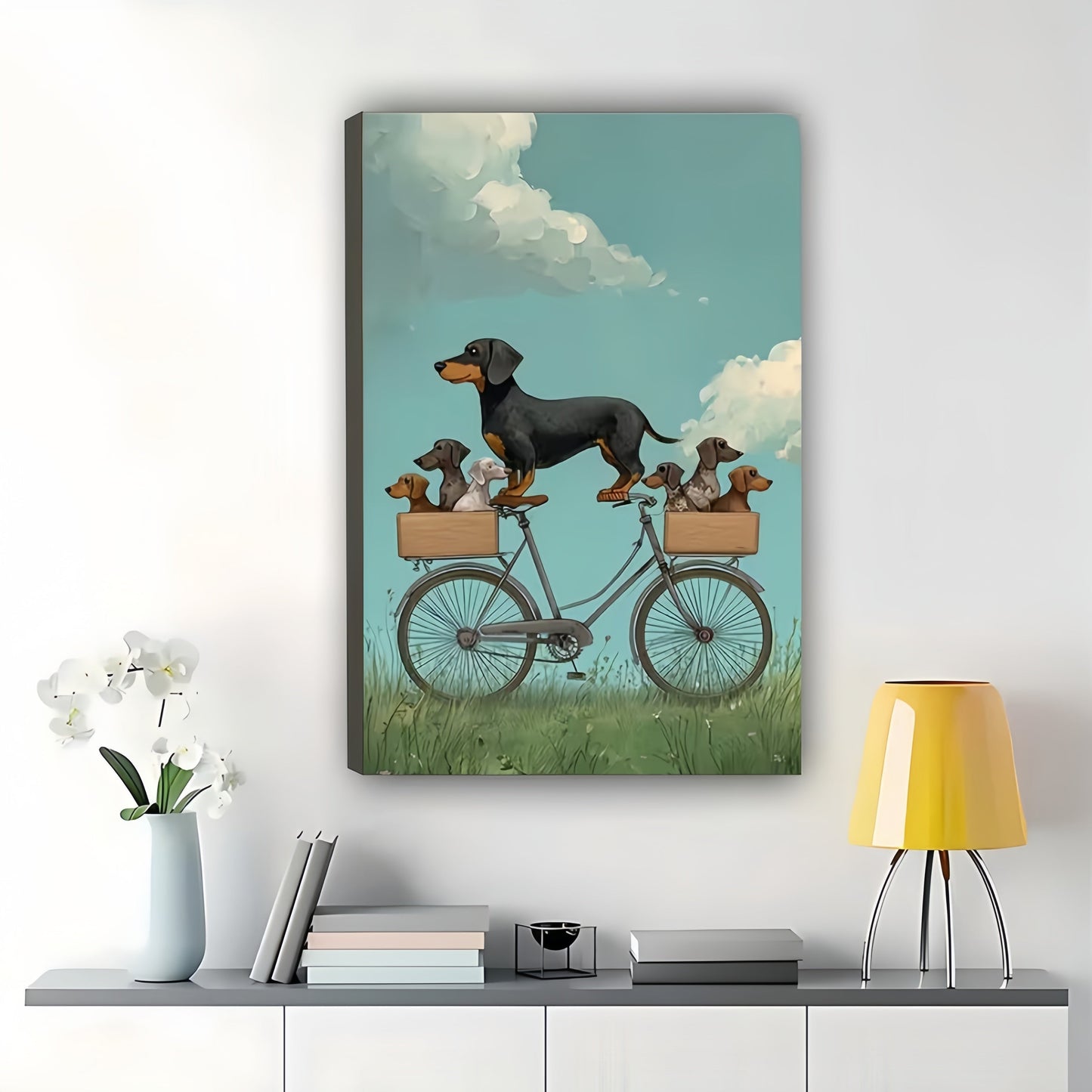 The Biking Dachshund Family – Whimsical Pet Wall Art on Natural Wood Canvas