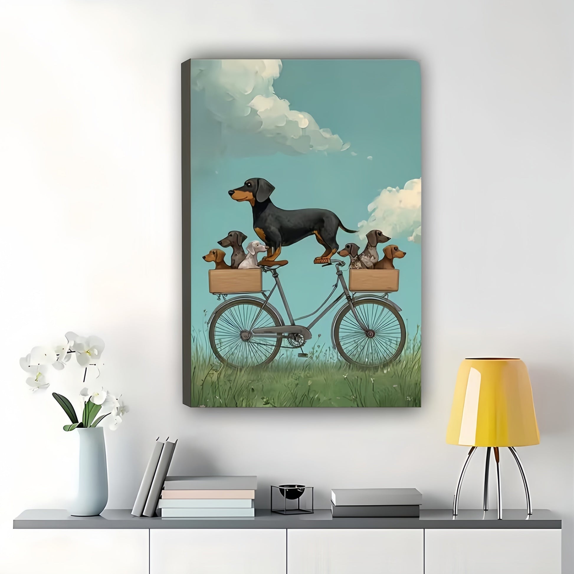 The Biking Dachshund Family – Whimsical Pet Wall Art on Natural Wood Canvas