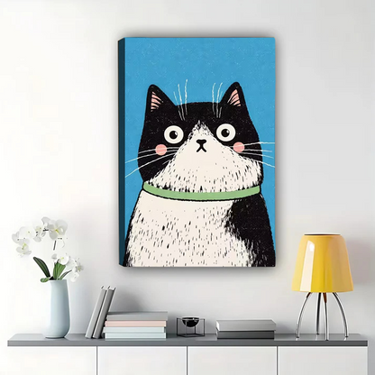 Surprised Tuxedo Cat Wall Art - Funny Wide-Eyed Cat Print
